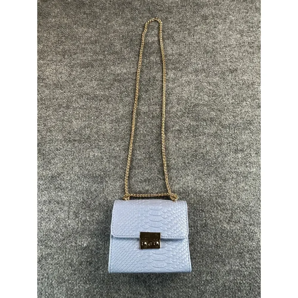 Womens Light Blue Croc Embossed Crossbody Shoulder Bag Gold Chain Purse Small - Picture 4 of 9